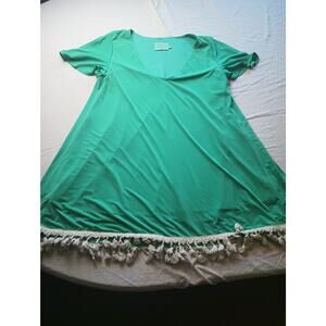 Judith March Green V-Neck Tassel Beige Short Sleeve Dress Women Large USA